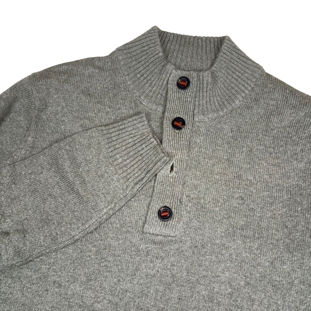 Orvis Mens L 3 Button Sweater Wool Cotton Green Mock‎ Neck Knit Sweater